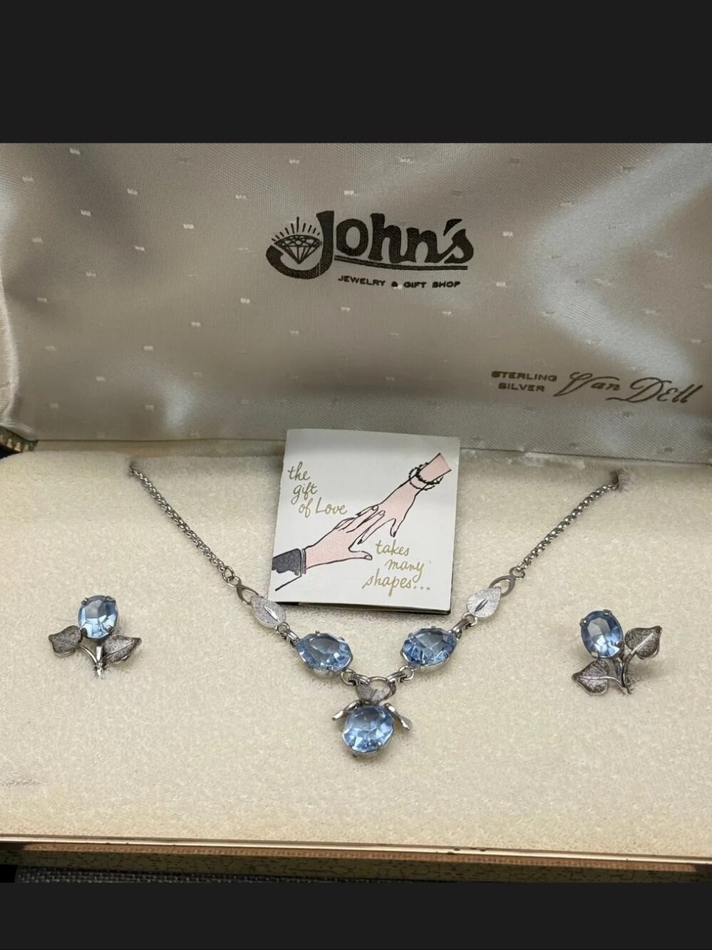 Van Dell Sterling Silver Blue Glass Necklace & Screw Back Earring Set in Box